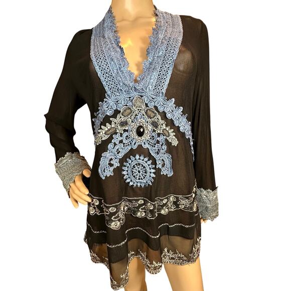 NWT Hugging Kisses Black Mesh Lace Embellished Top SZ XL Whimsigoth Gothic Glam - Picture 1 of 16